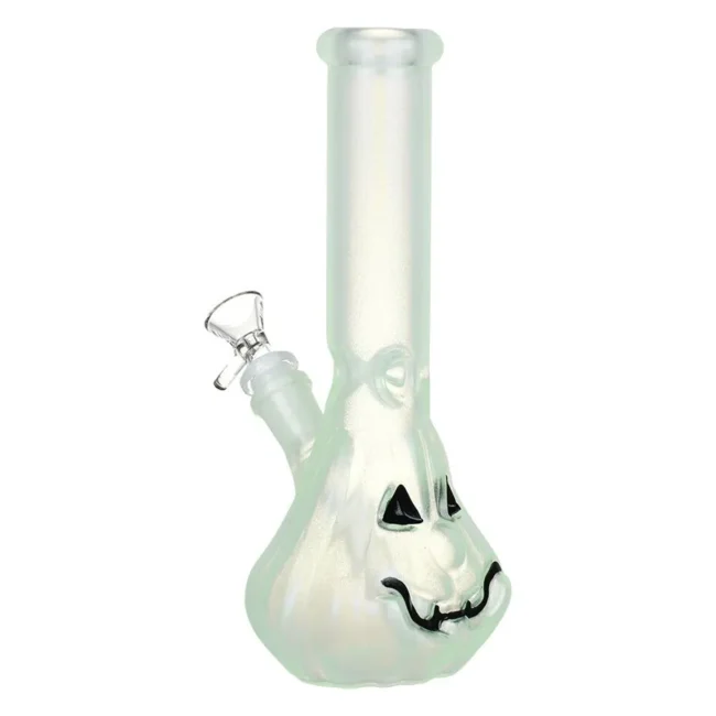 JACK-O-LANTERN GLOW IN THE DARK GLASS WATER PIPE | 9.25″ | 14MM F | COLORS VARY